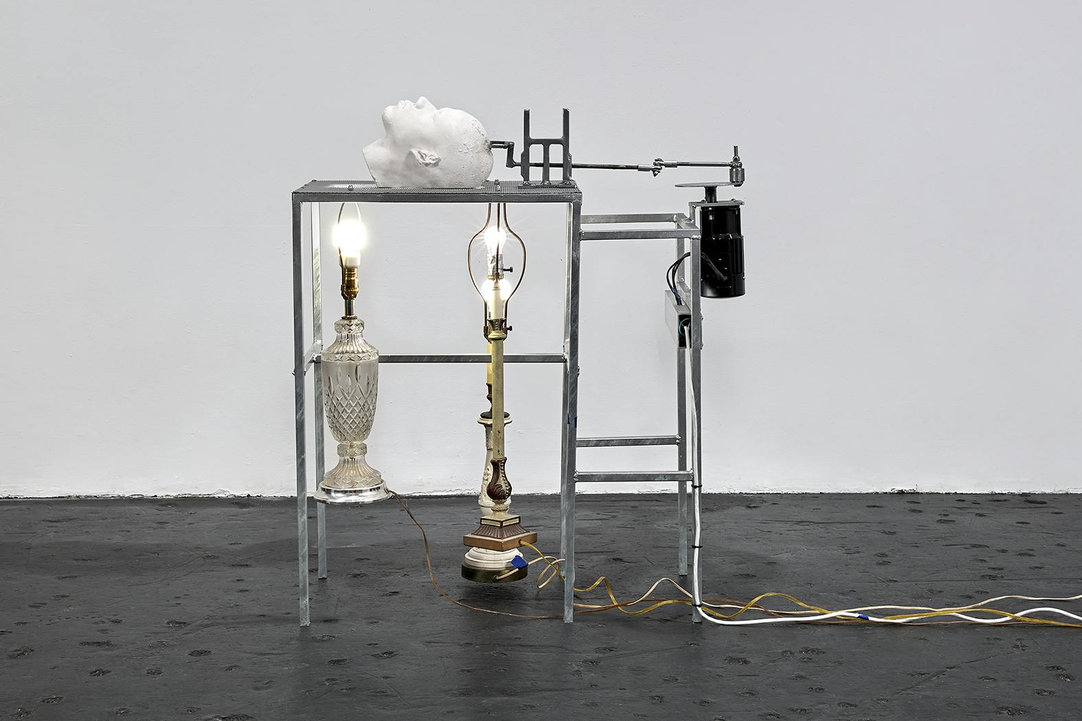 JEFFREY MERIS, TET CHAJE, 2022. GALVANIZED STEEL, HYDROCAL, AC MOTOR, HARDWARE, LIGHT FIXTURES, EPOXY RESIN. DIMENSIONS VARIABLE. COURTESY STUDIO MUSEUM IN HARLEM. PHOTO: MARC TATTI