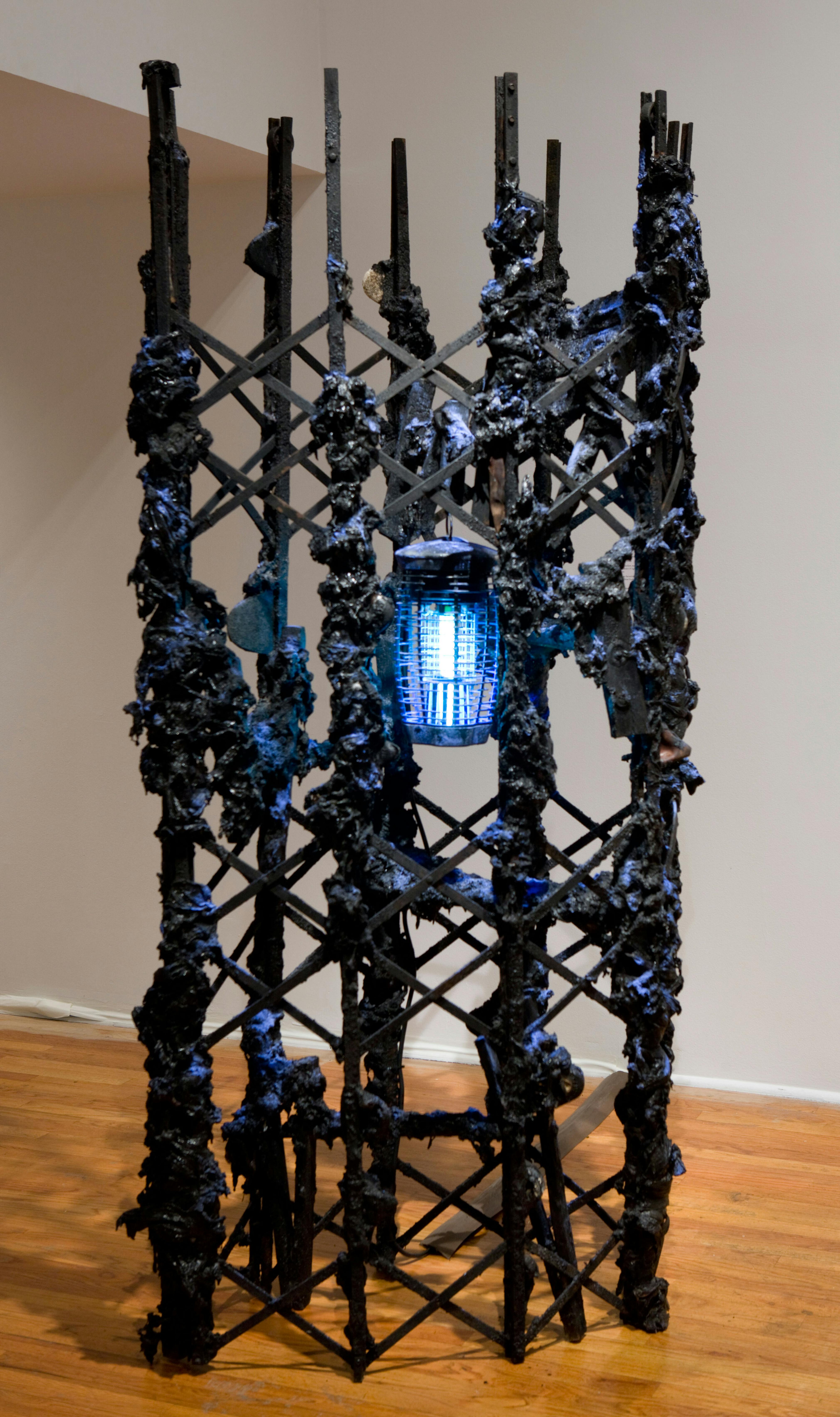 Nari Ward
Blue Rung, 2009
Wooden Ladder, metal gate, shoe tips and plastic, with UV light bug zapper and blue pigment, 78 x 21 x 38 in.
Courtesy the artist and Lehmann Maupin Gallery, New York