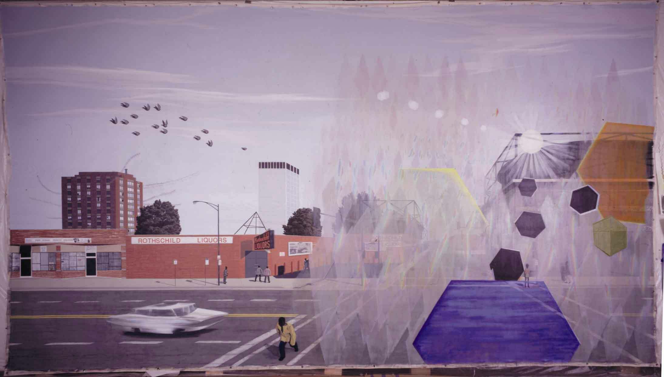 Kerry James Marshall
7 am Sunday Morning, 2003
Acrylic on canvas banner
120 x 216 in.
Collection Museum of Contemporary Art, Chicago, Joseph and Jory Shapiro Fund by exchange
