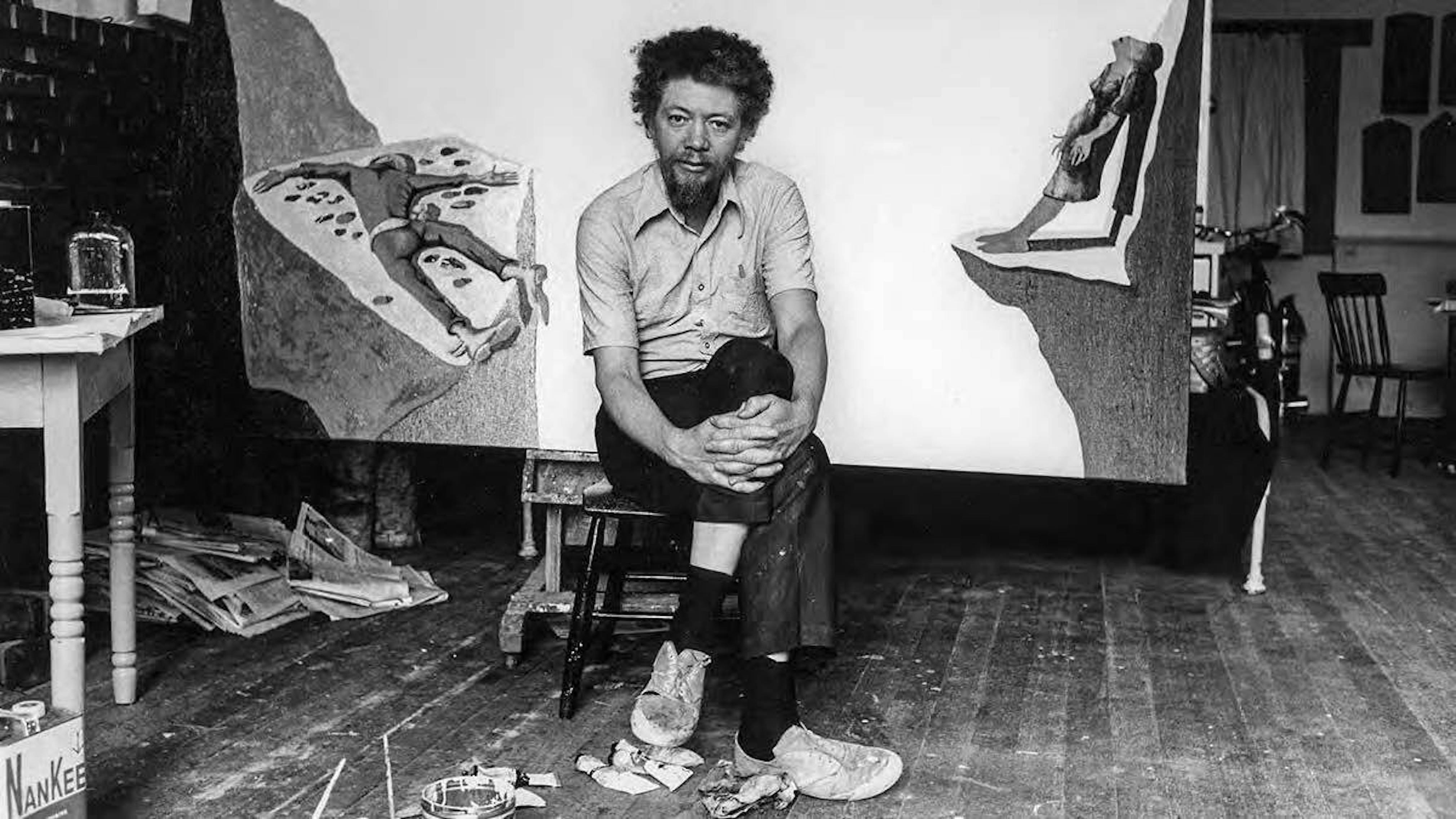 <p>Benny Andrews takes a break from working in Adams Studio in 1974 during one of his four stays at the MacDowell artist residency program. Bernice B. Perry photo courtesy of MacDowell</p>