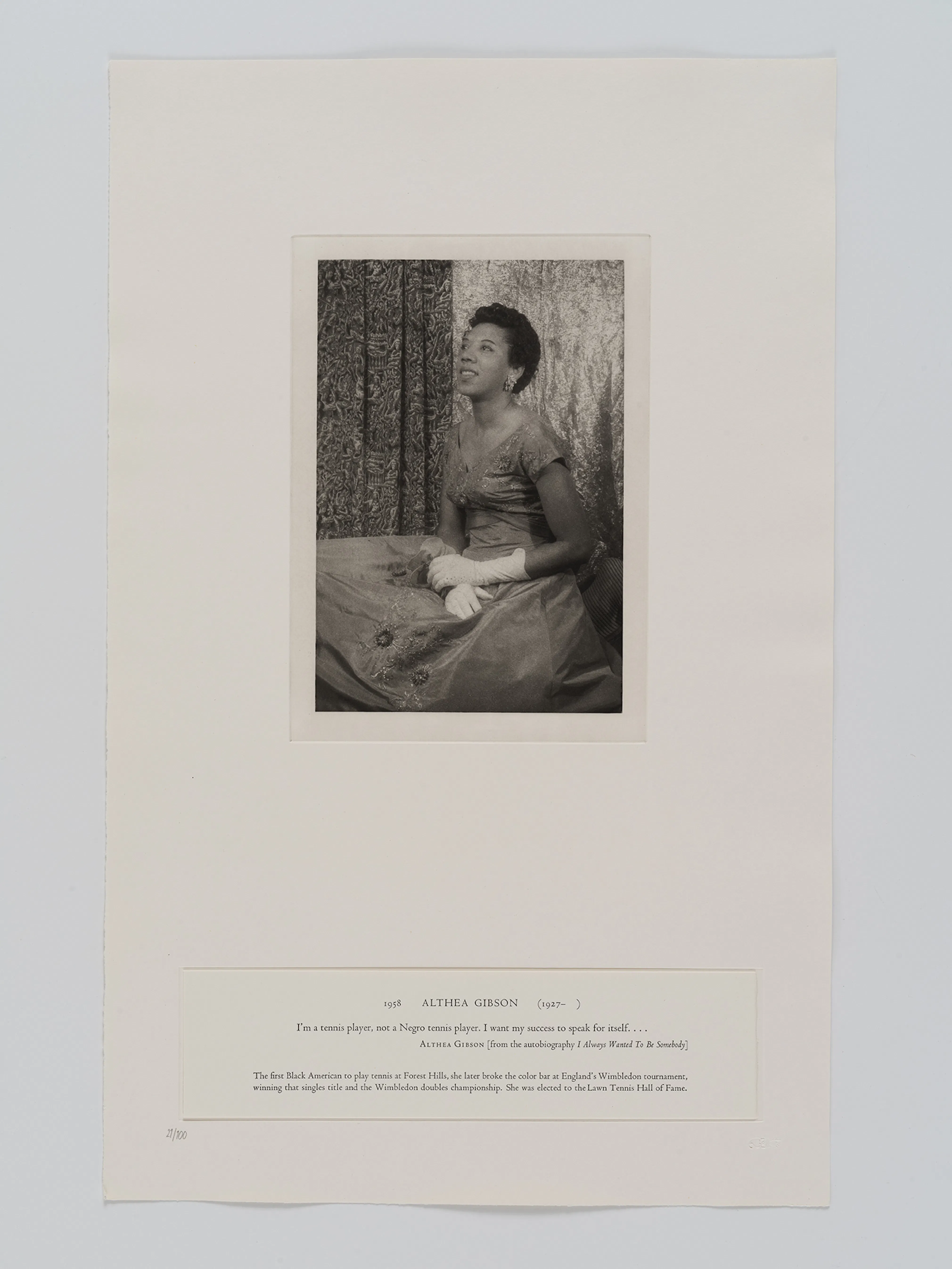 <p>Carl Van Vechten, <em>Althea Gibson</em>, 1958. Photogravure, 22 × 14 1/8 in. Studio Museum in Harlem; Museum purchase  1985.2.32. Courtesy Van Vechten Trust. Photo: John Berens</p>