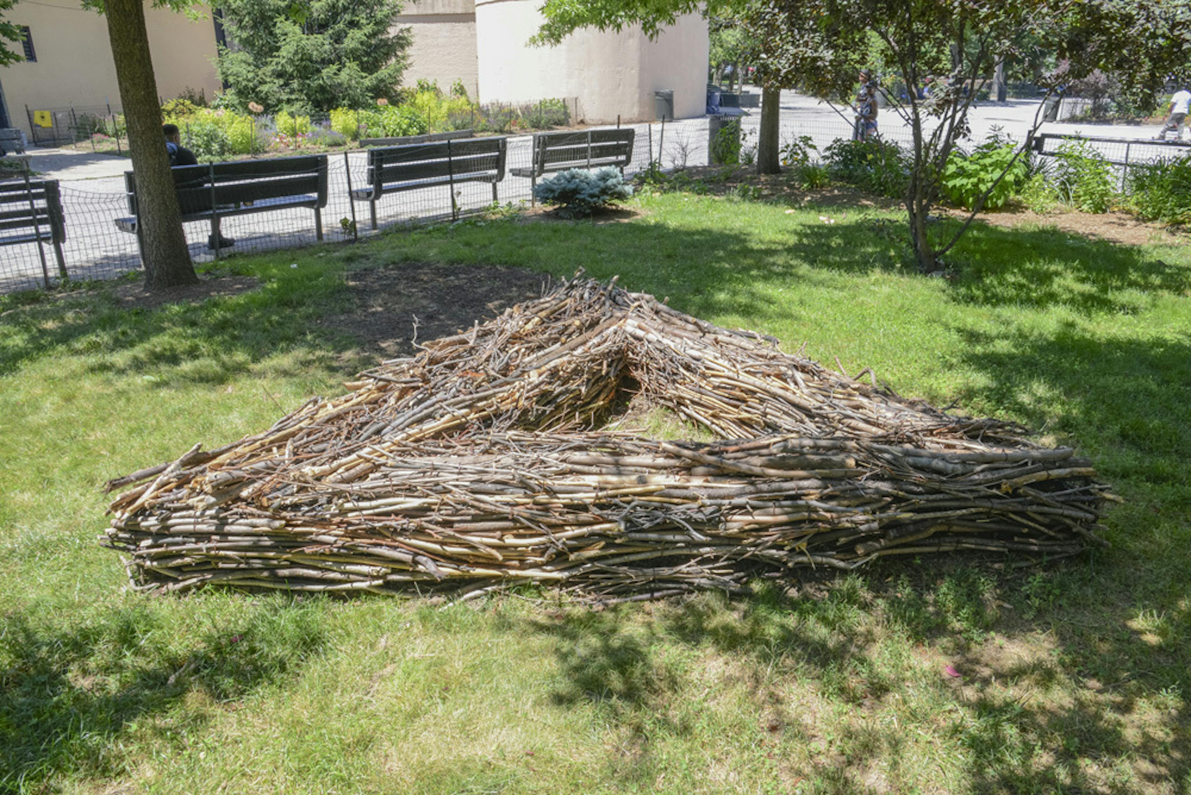<p><em>Maren Hassinger: Monuments </em><br />June 16, 2018–June 10, 2019 <br />Marcus Garvey Park</p>
<p><br />Here, Maren Hassinger used branches to create forms that responded to aspects of the park’s landscape. The artist created the work with volunteers from the Studio Museum’s Teen Leadership Council and <em>Expanding the Walls</em> program—so Monuments was a project made in Harlem and for Harlem.</p>