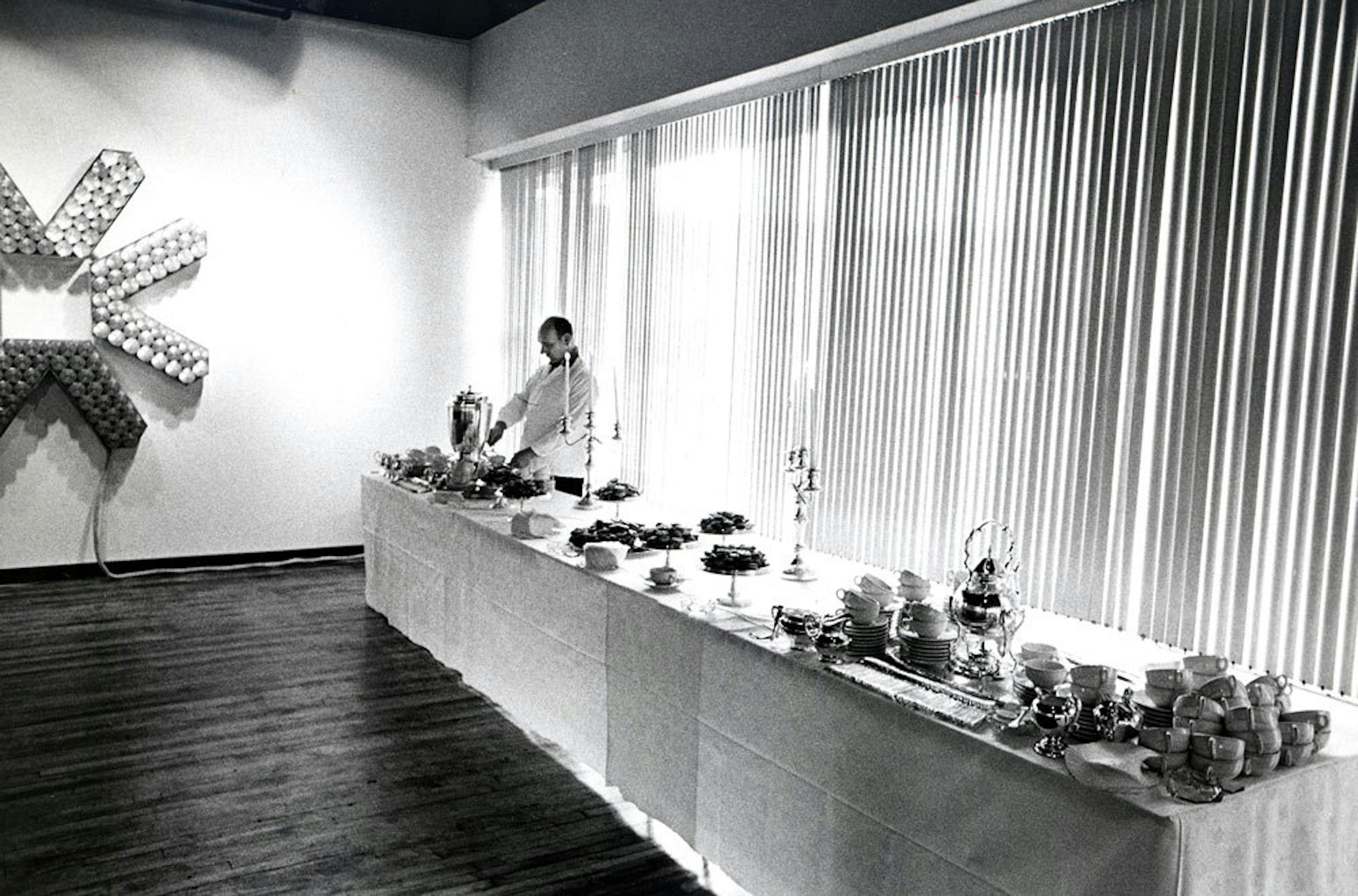 <p>View of the September 1968 opening of <em>Electronic Refractions II</em>, the inaugural exhibition at the Studio Museum's first home at 2033 Fifth Avenue</p>