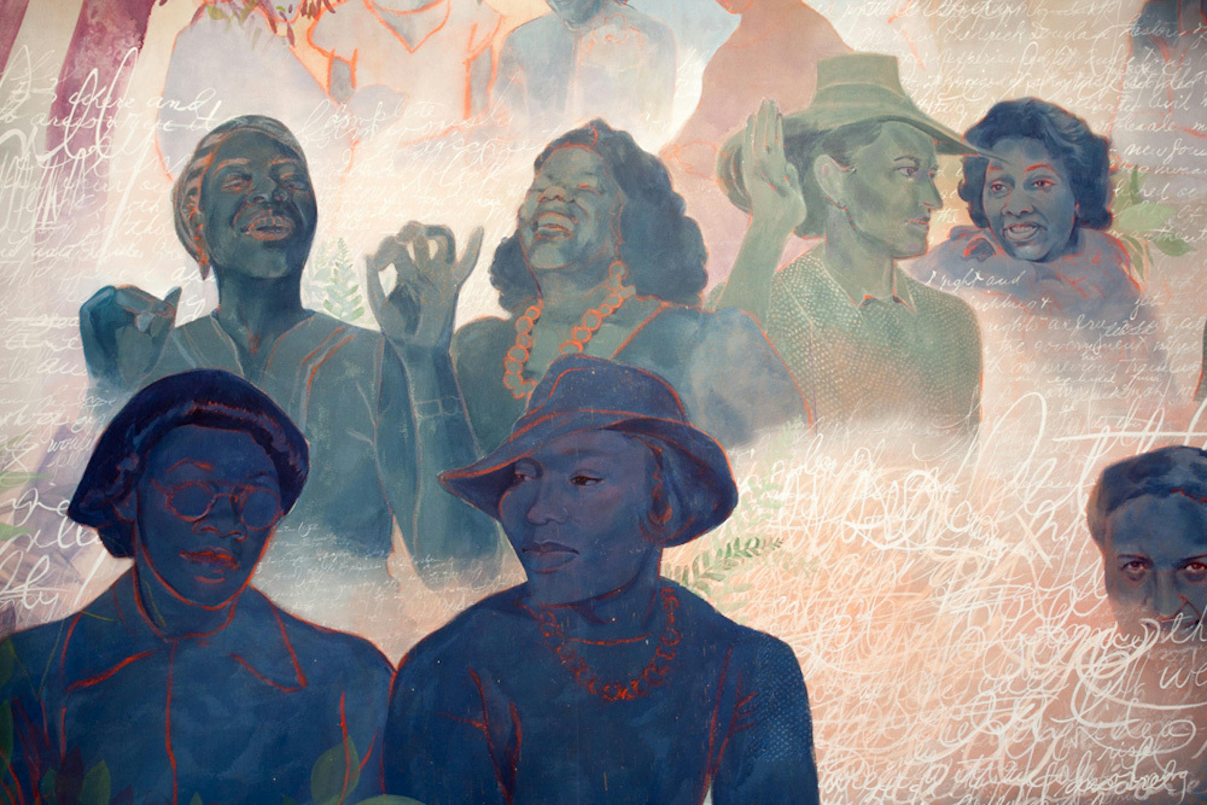 Firelei Báez, Elegant gathering in a secluded garden (or the many bridges we crossed) (detail), 2018.
Acrylic on canvas, 108 x 192 in.
Courtesy the artist and Kavi Gupta Gallery, Chicago.
Photo: John Lusis