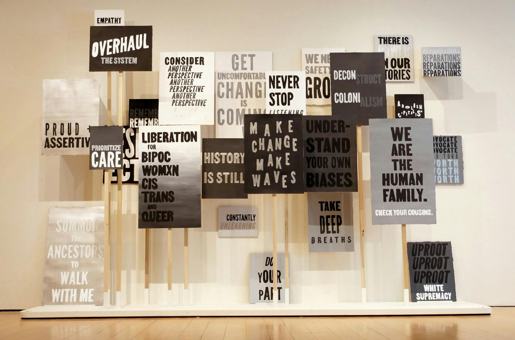 <p><em>The Work</em>, 2021. Acrylic on paper and wood; participatory installation, 16 x 3 x 4 x FT, This variation of the installation was on view at Museum of Fine Arts, Boston as part of Metaferia's 2021–22 solo show, <em>Generations</em>. Courtesy the artist</p>