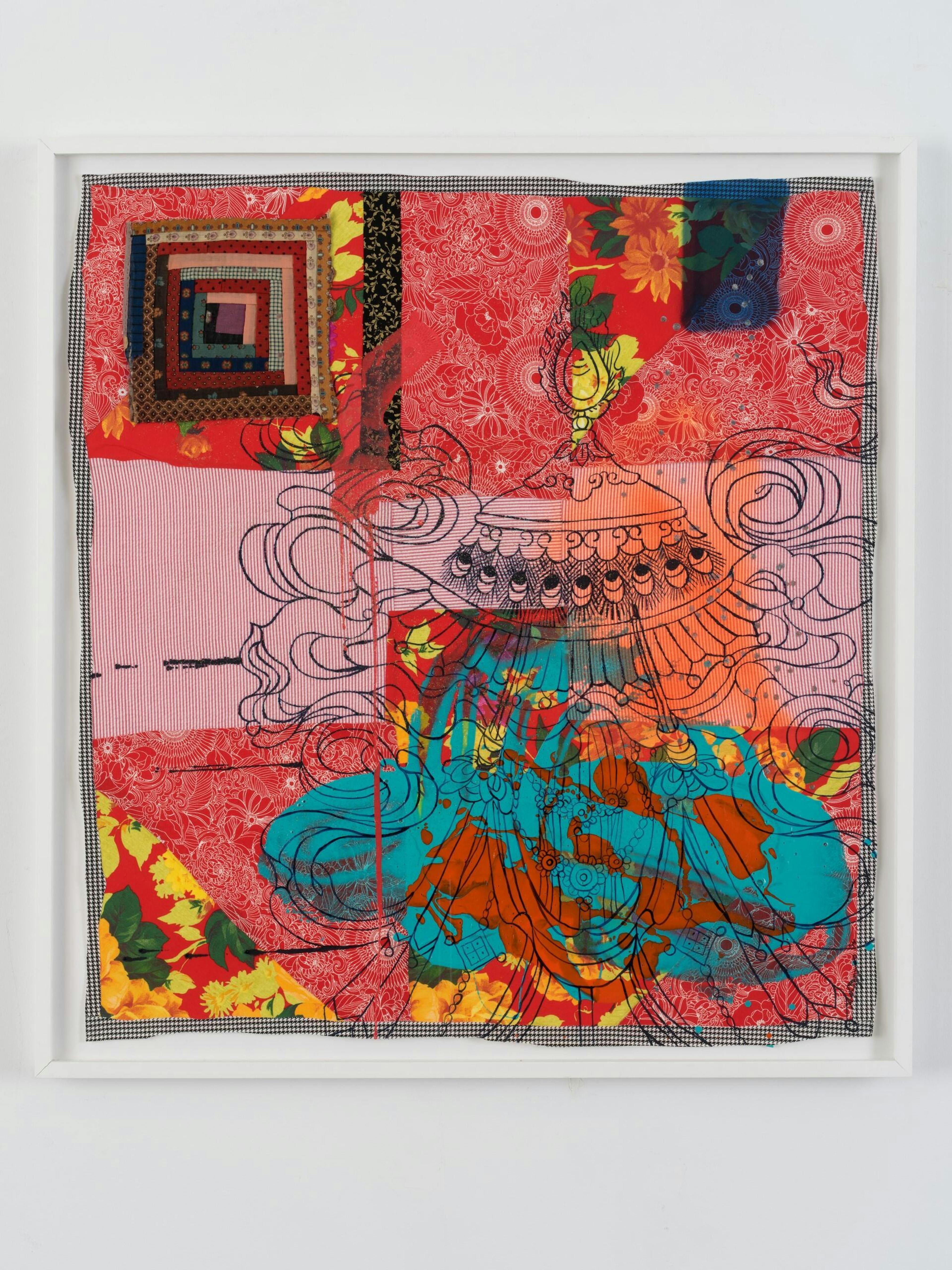 <p>Sanford Biggers, <em>Haute Mess</em>, 2014. Textiles, fabric and antique quilt fragment, double-sided adhesive, treated acrylic paint, treated interior paint, and spray paint on archival paper, 39 1/2 x 37 inches. The Studio Museum in Harlem; bequest of Peggy Cooper Cafritz (1947–2018), Washington, D.C. collector, educator, and activist  2018.40.35</p>