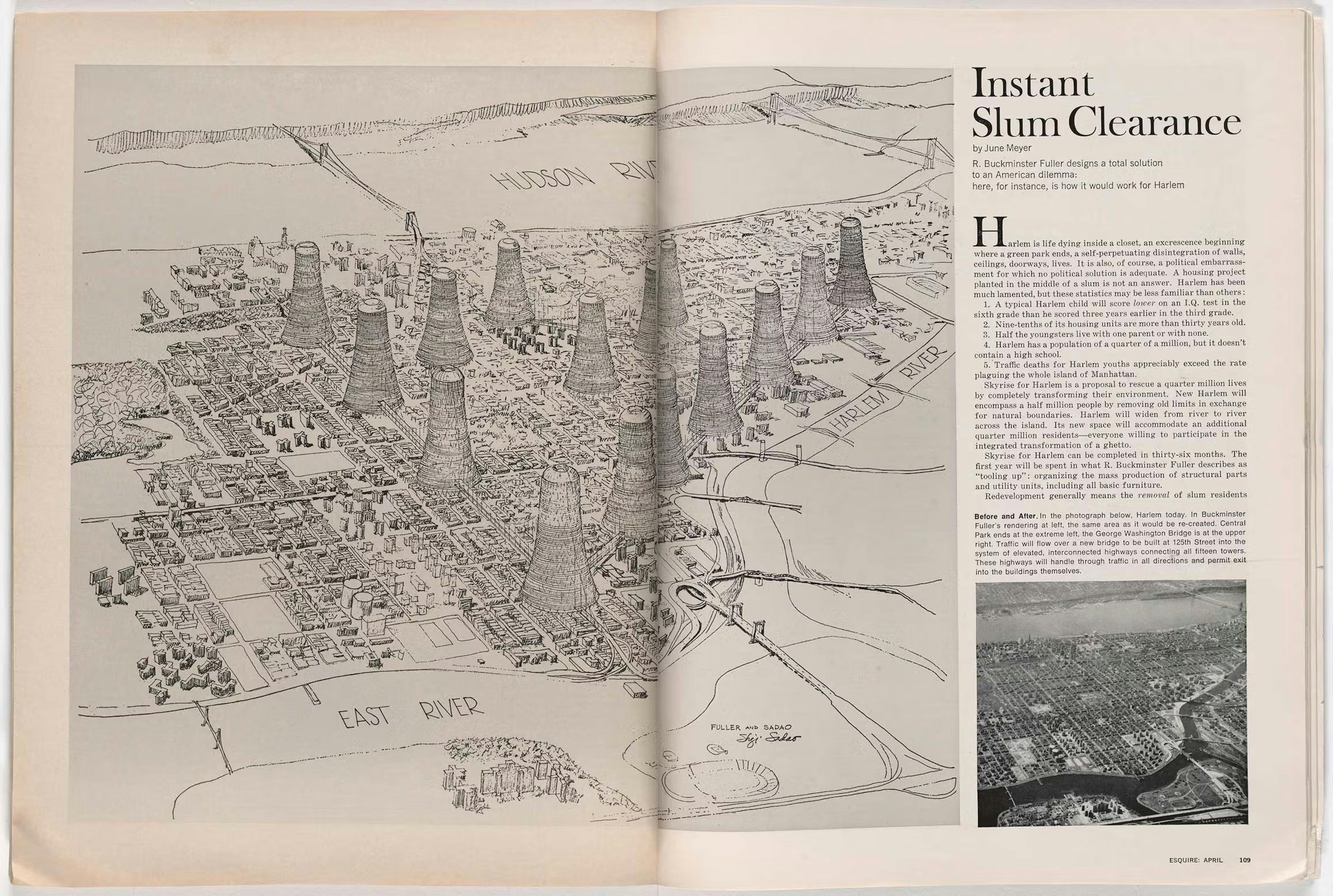 <p>June Jordan and R. Buckminster Fuller, <em>Skyrise to Harlem</em>, 1965; reproduced in June Meyer, “Instant Slum Clearance,” Esquire 63, no. 4 (April 1965)</p>