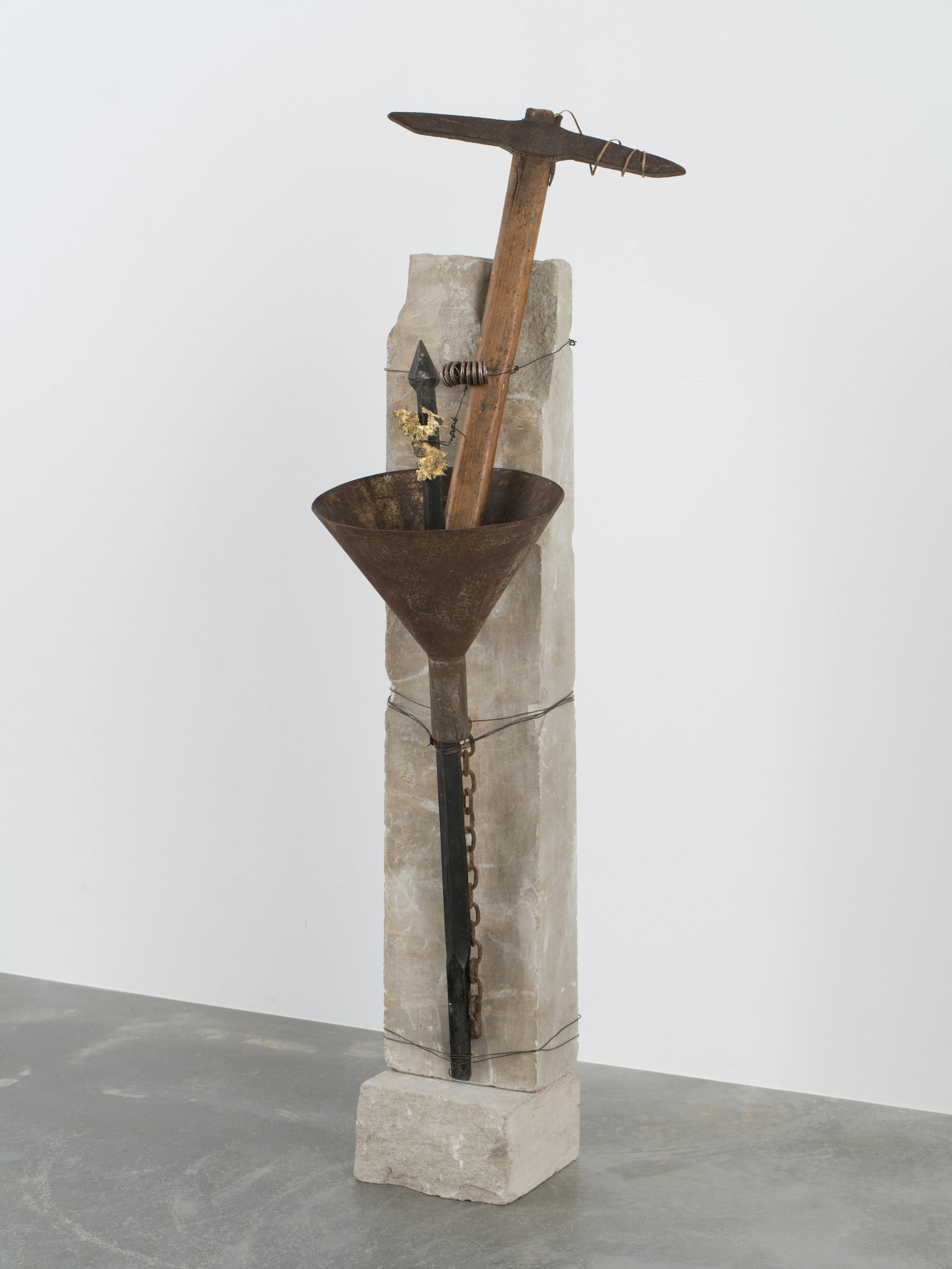 <p>LONNIE BRADLEY HOLLEY, <em>REACHING MY GOLD</em>, 2011. MIXED MEDIA, 50 × 15 × 14 1/2 IN. STUDIO MUSEUM IN HARLEM: GIFT OF MARTIN AND REBECCA EISENBERG IN HONOR OF THELMA GOLDEN 2023.39.5.</p>