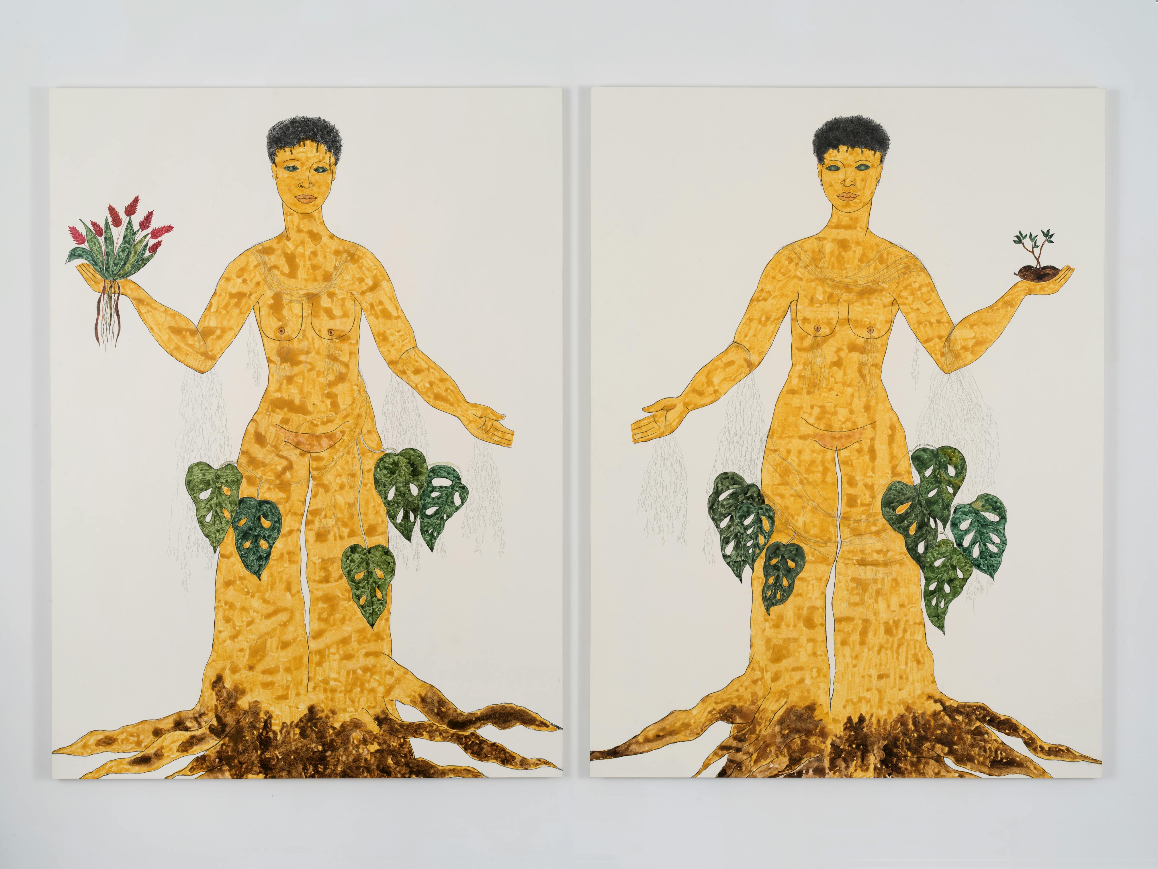 <p>ROSANA PAULINO, GÊMEAS (FROM THE“JATOBÁ” SERIES), 2023. GRAPHITE, ACRYLIC, AND NATURAL PIGMENT ON CANVAS, EACH: 84 5/8 × 63 IN. STUDIO MUSEUM<br />IN HARLEM; MUSEUM PURCHASE WITH FUNDS PROVIDED BY THE HOLLY PETERSON FOUNDATION 2024.38.1A-B. © ROSANA PAULINO. COURTESY THE ARTIST AND MENDES WOOD DM, SÃO PAULO, BRUSSELS, PARIS, NEW YORK. PHOTO: JOHN BERENS</p>