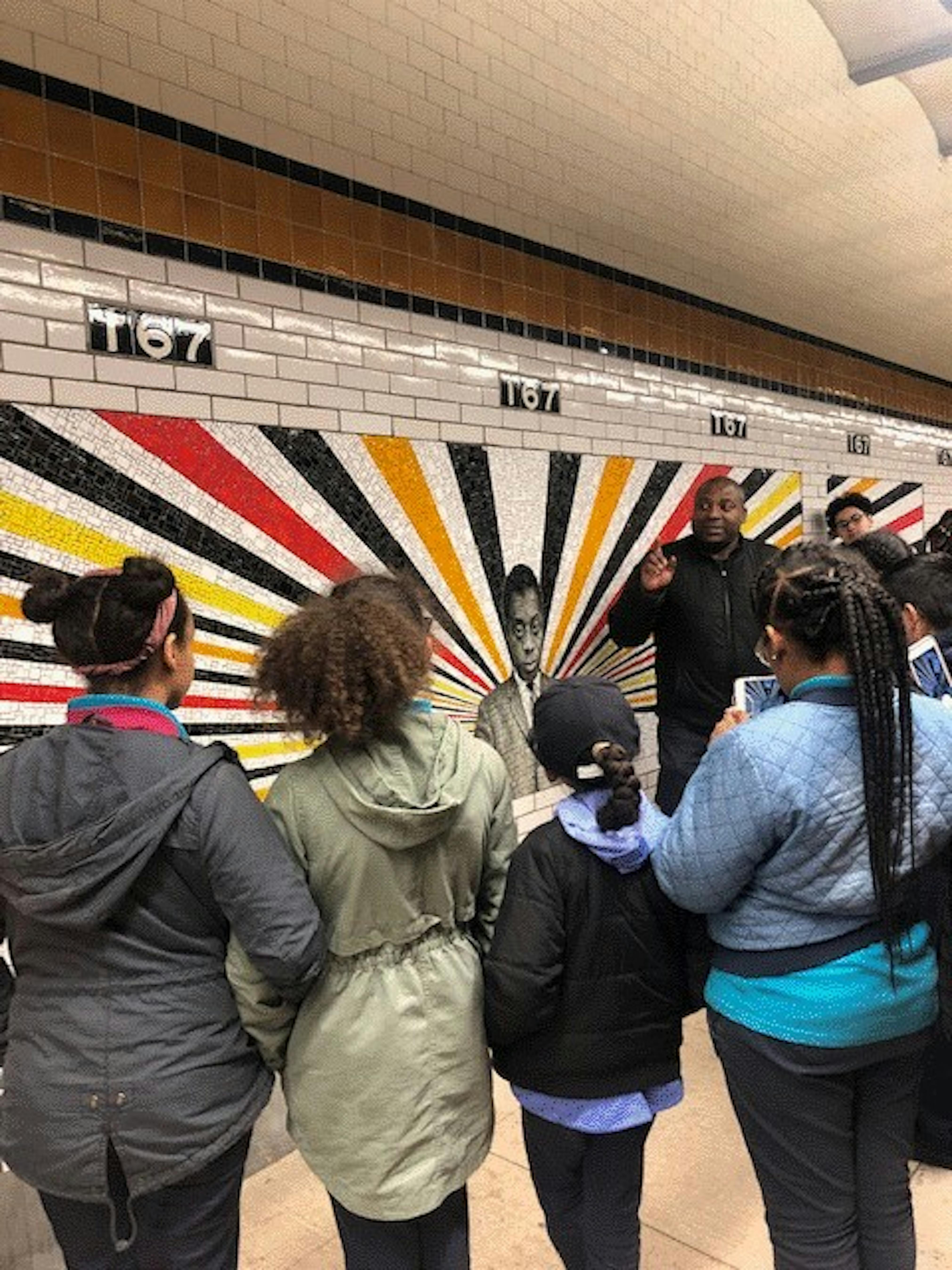 Bronx Arts Middle School partnership class visit to artist Rico Gatson's subway commission, "Beacons" mosaic mural at 167th Street in the Bronx, April 2019. Photo: Jennifer Harley