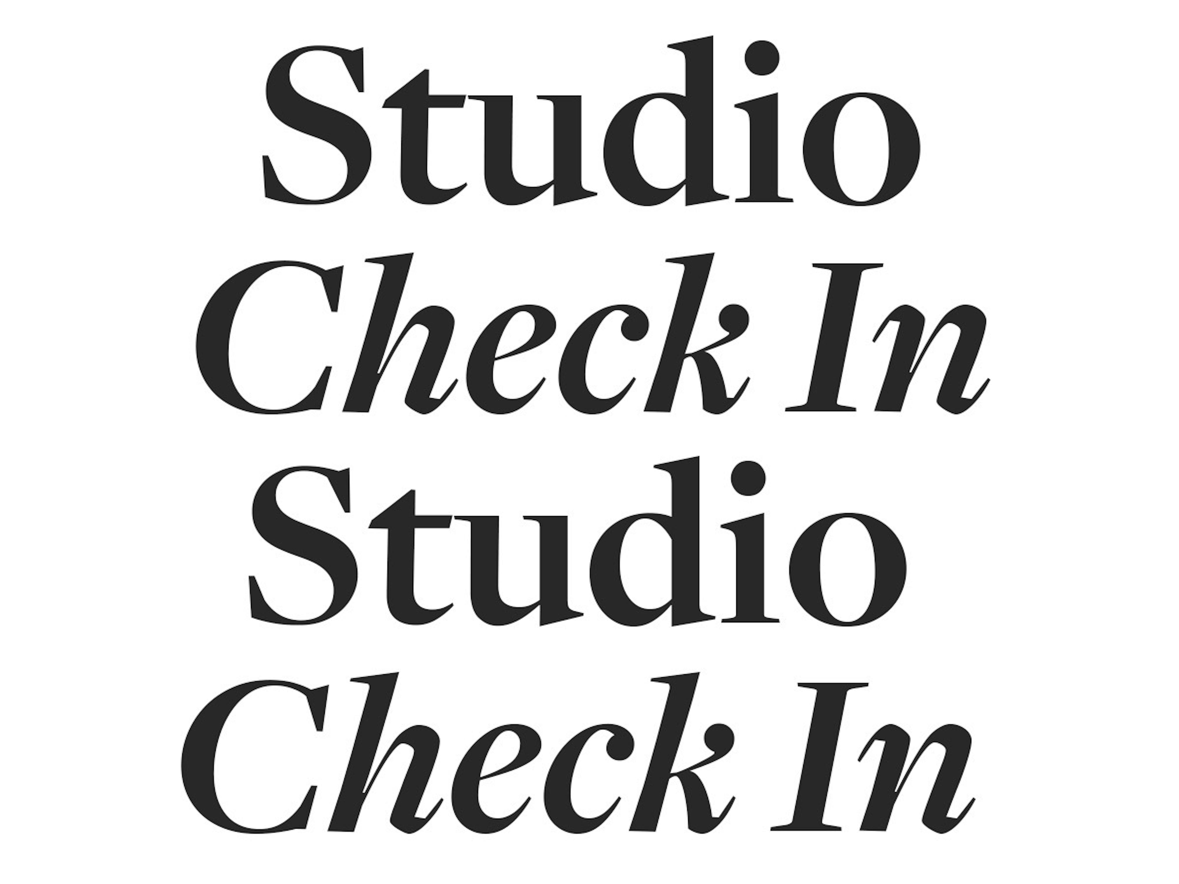 A black and white text graphic that reads Studio Check-in twice.