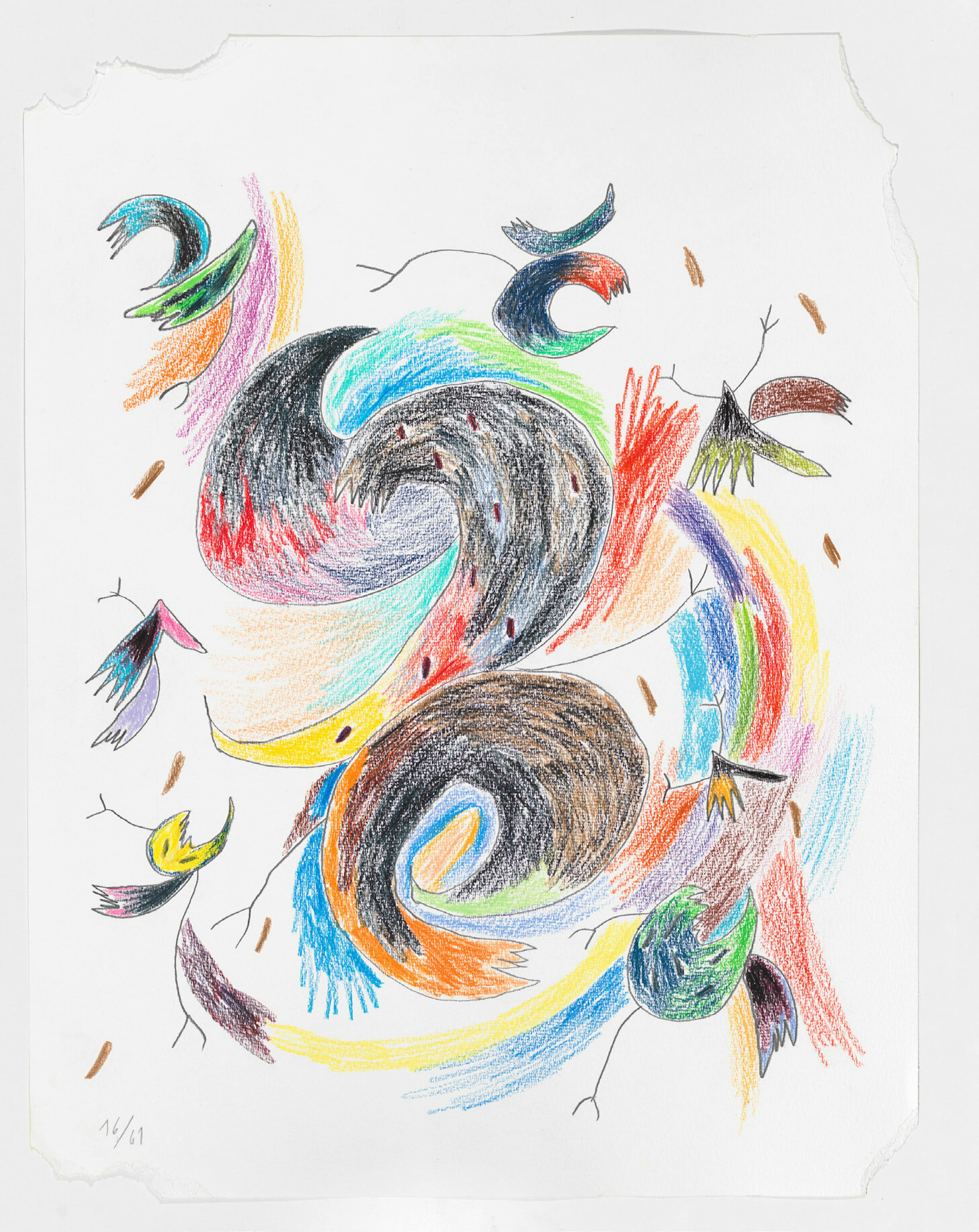 <p>Tadáskía, <em>ave preta mistica mystical black bird</em>, 2022. From a series of sixty-one sheets with pencil, colored pencil, pastel, and spray paint on torn paper. Each approx. 25 11/16 x 19 11/16" (65.2 x 50 cm). The Museum of Modern Art, New York. Fund for the twenty-first century, 2024. Courtesy the Museum of Modern Art, Department of Imaging Services. Photo: Martin Parsekian © 2024 Tadáskía.</p>