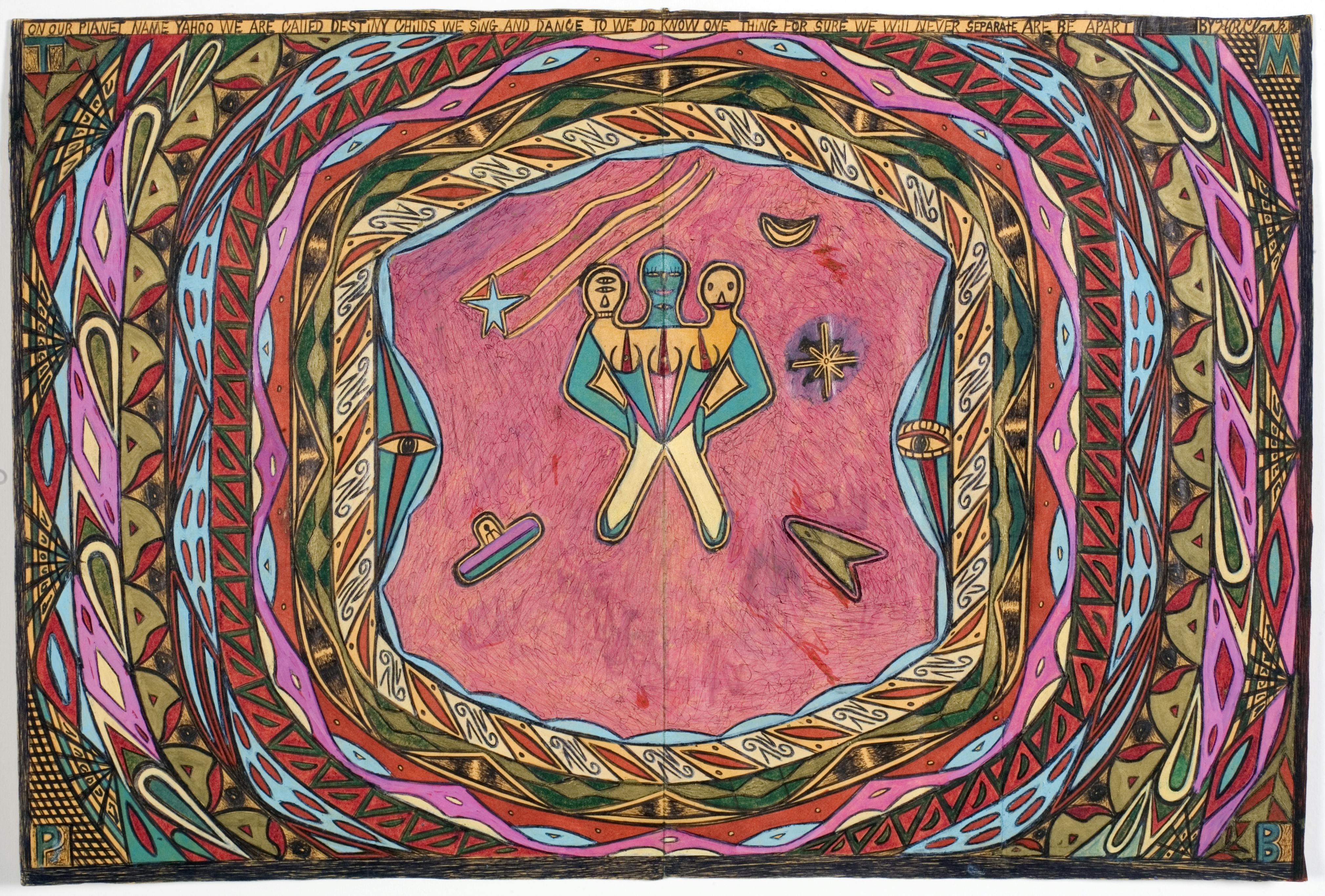 Henry Ray Clark
On Our Planet Name Yahoo We Are Called Destiny Childs We Sing and Dance to We do Know One Thing For Sure We Will Never Separate Are Be Apart, 2003
Ink and marker on manila envelope 13 1/2 × 20 1/2 in.
Courtesy Jack Massing