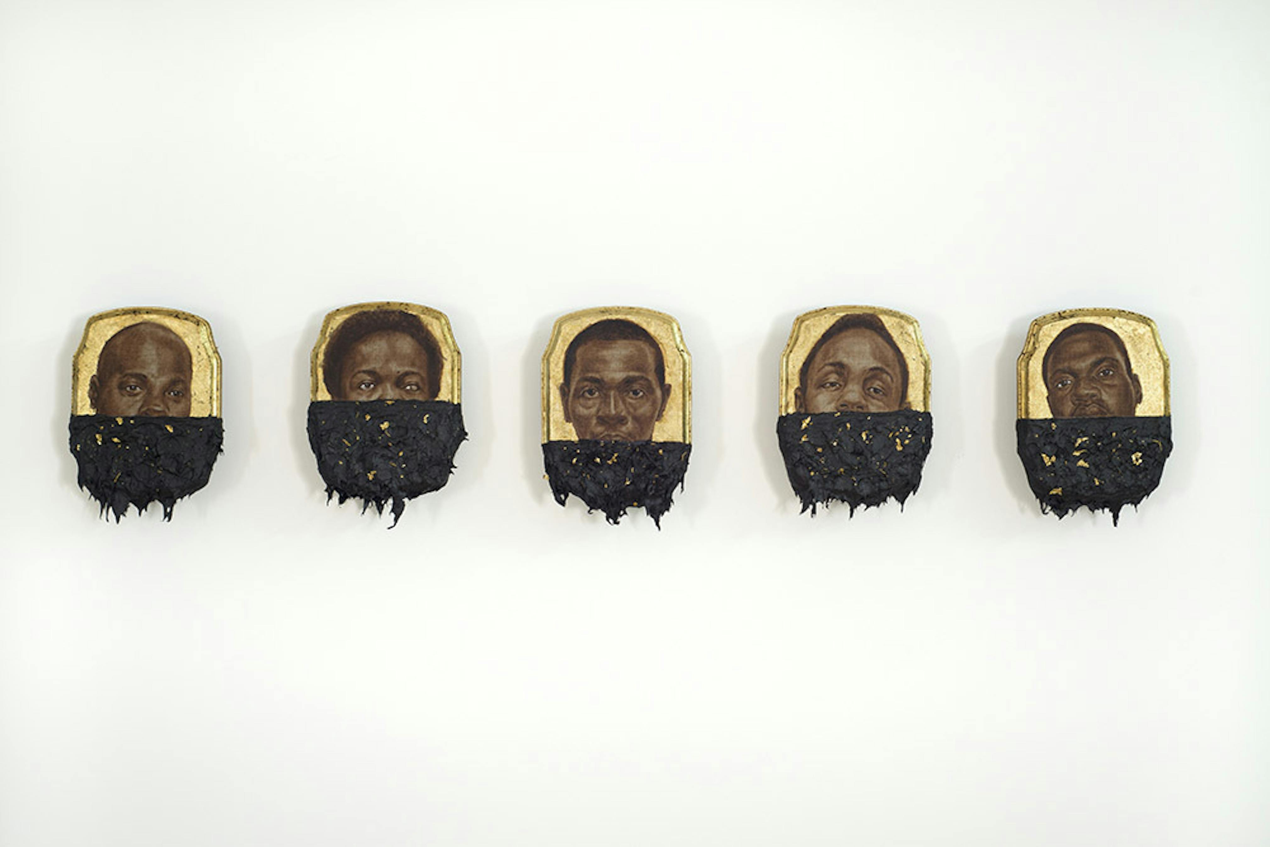 Titus Kaphar
	Jerome I–V, 2014
	Oil, gold leaf and tar on wood panel
	7 × 10 ½ in.
	Courtesy the artist and Jack Shainman Gallery, New York
©Titus Kaphar