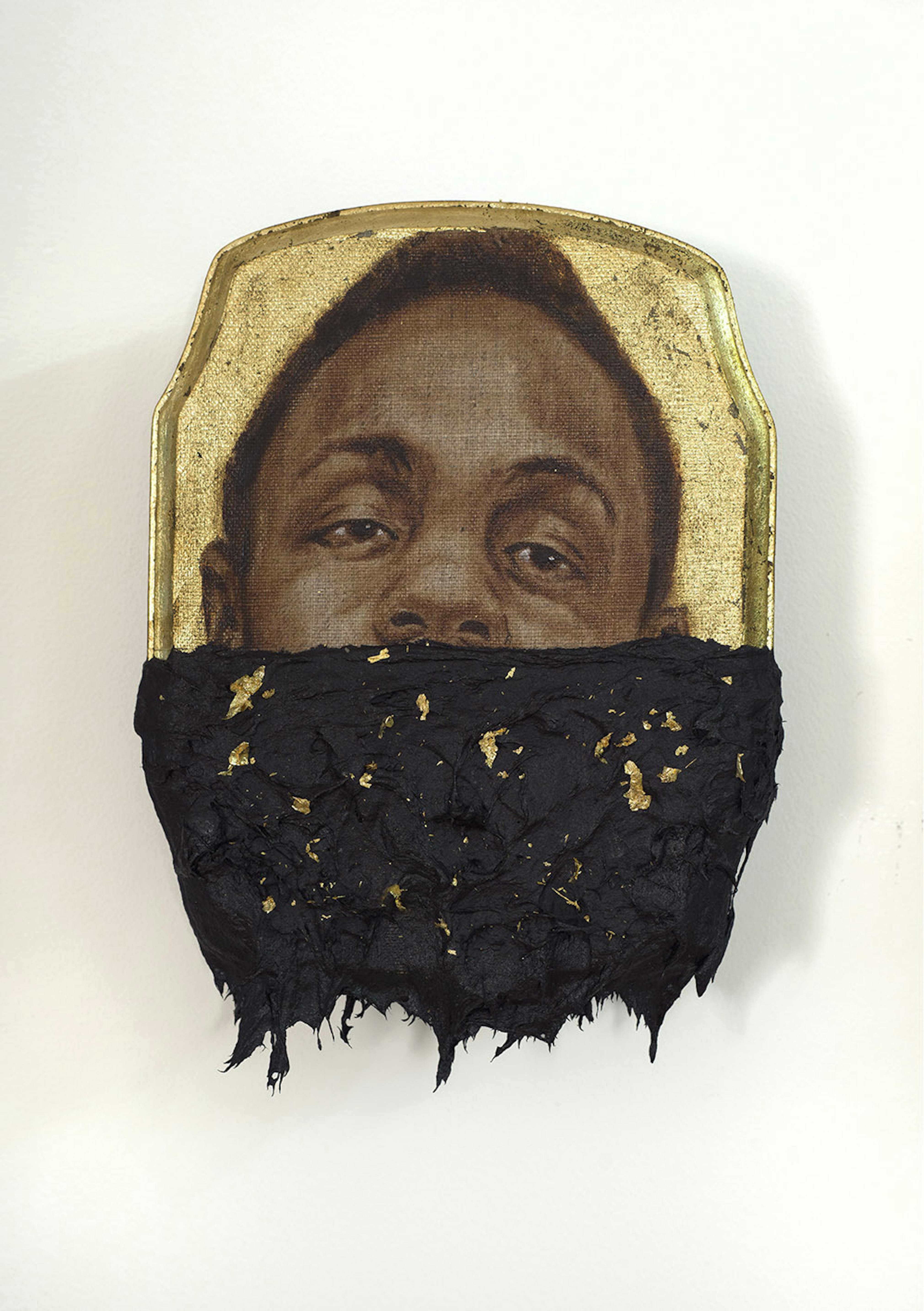 Titus Kaphar
	Jerome III, 2014
	Oil, gold leaf and tar on wood panel
	7 × 10 ½ in.
	Courtesy the artist and Jack Shainman Gallery, New York
©Titus Kaphar