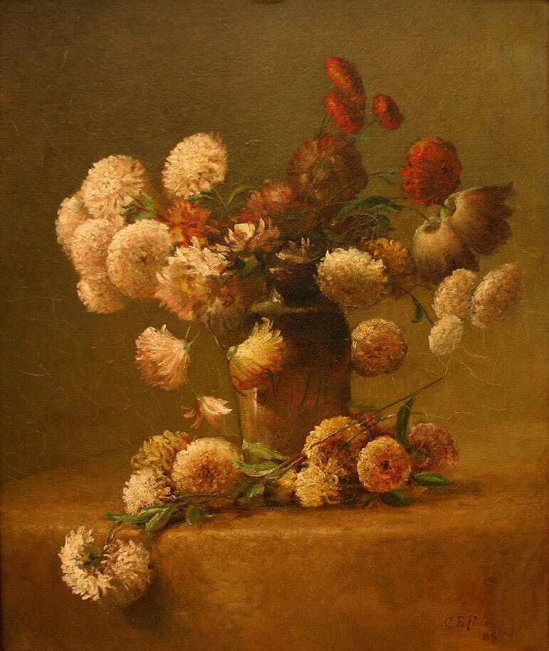 Charles Ethan Porter
Chrysanthemums, 1888
Oil on canvas,19 ½ x 23 in.
Collection of Charlynn and Warren Goins
 