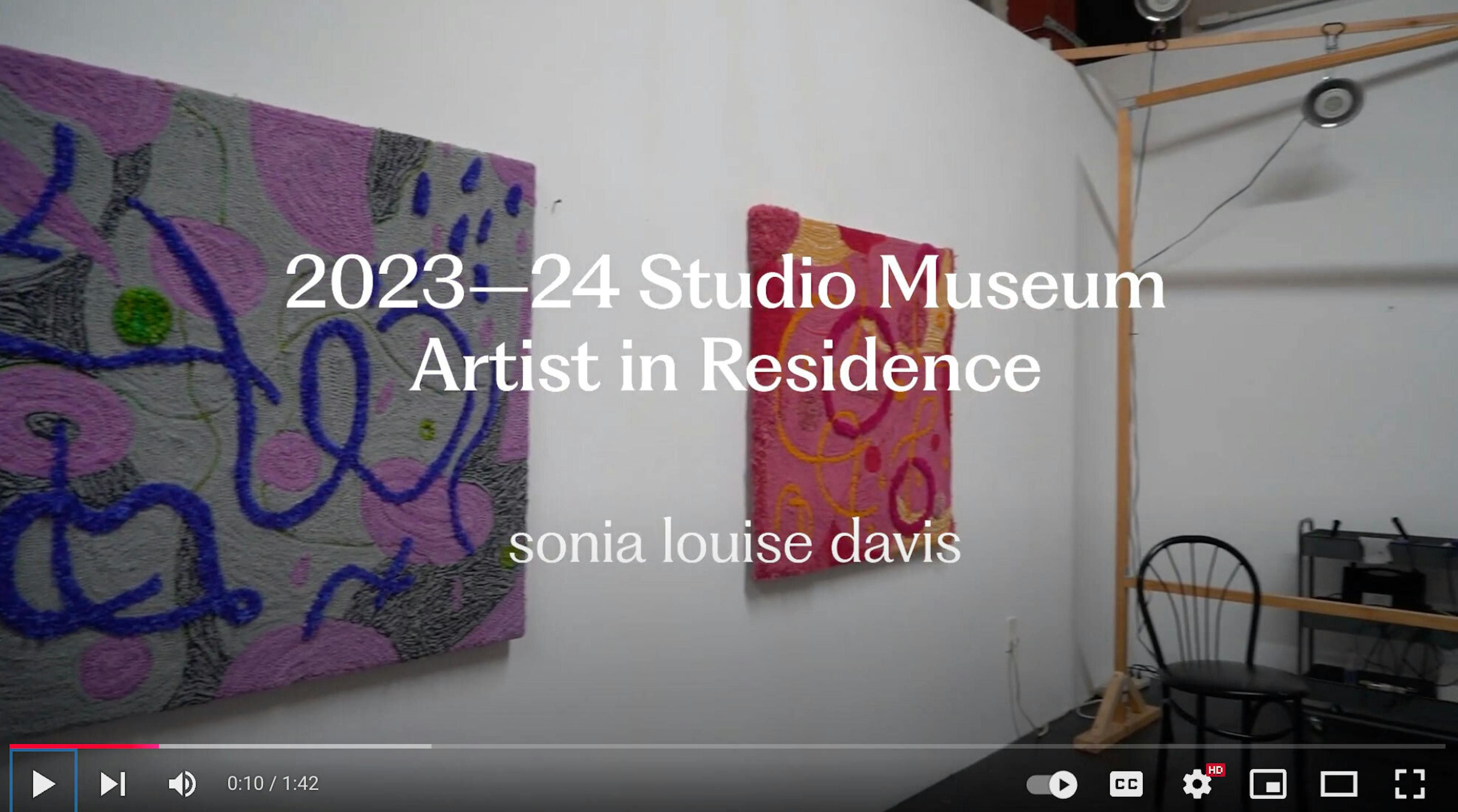 Two tufted soft square works hang on a white wall beneath an overlay with the words "2023–24 studio museum artists in residence sonia louise davis."